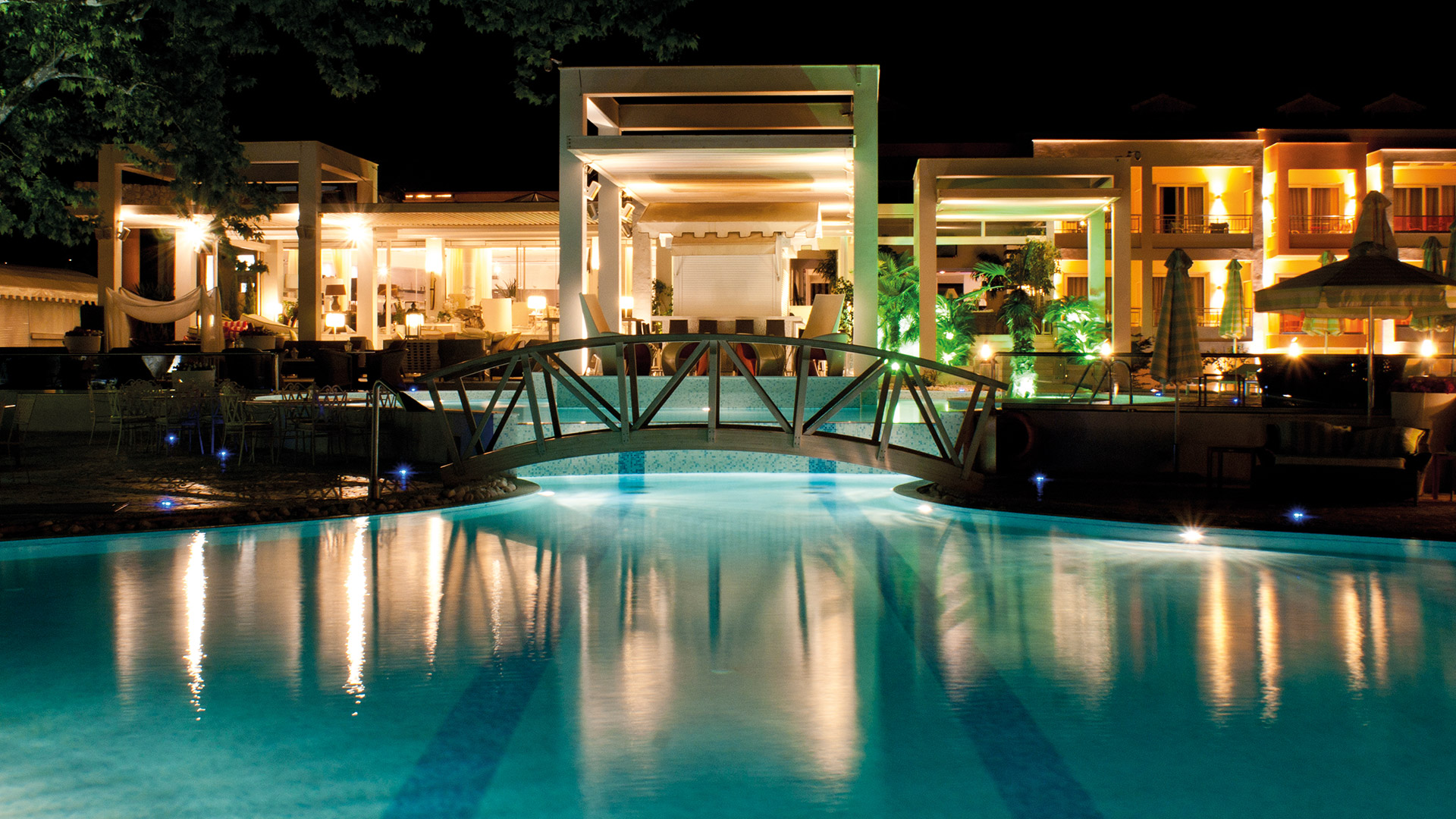 Pool at night with bridge