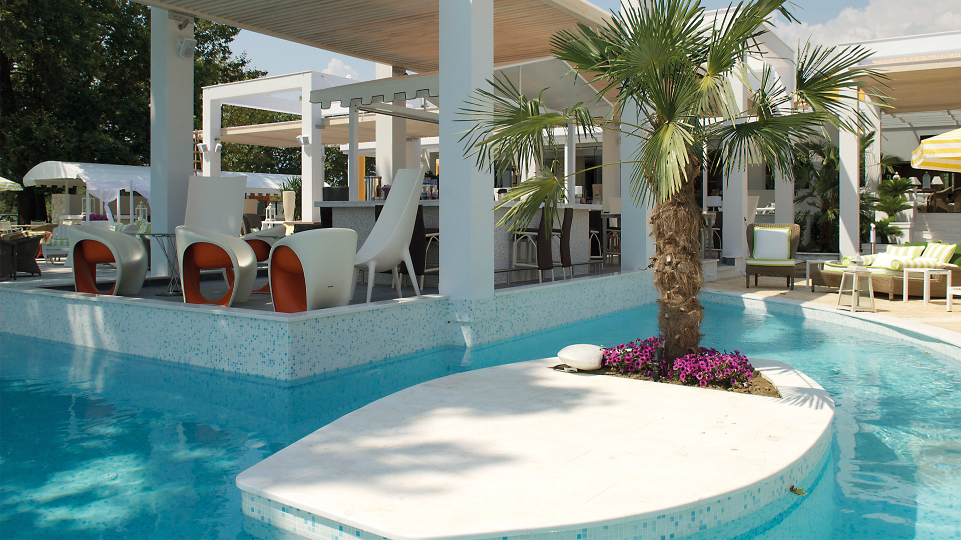 Pool bar with palm trees